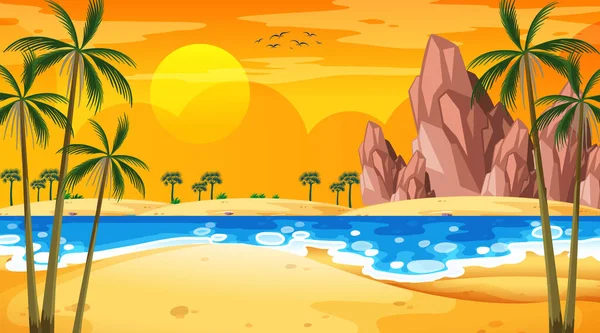 Tropikalna Plaża Krajobraz Scena Zachodzie Słońca Czas Ilustracja — Wektor stockowy