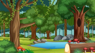 Orman manzarası. Çeşitli orman ağaçları çizimleri.