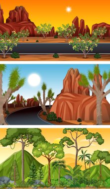 Üç farklı doğa yatay görüntü çizimi