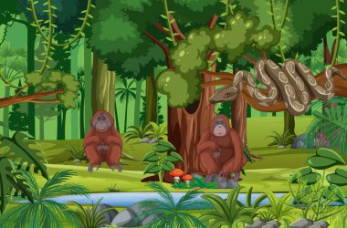 Orman sahnesinden akan akıntılı vahşi hayvanlar.