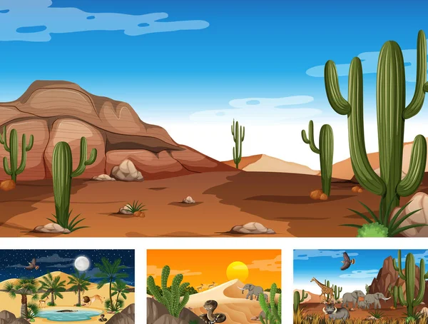 Különböző Sivatagi Erdei Jelenetek Állatokkal Növényekkel Illusztrálva — Stock Vector