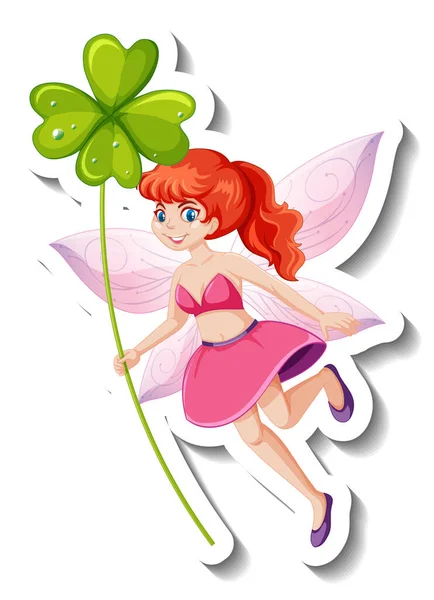 Sticker Template Beautiful Fairy Holding Clover Leaf Cartoon Character Illustration — Stock Vector