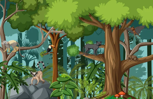 Cena Floresta Tropical Com Vários Animais Selvagens Ilustração — Vetor de Stock