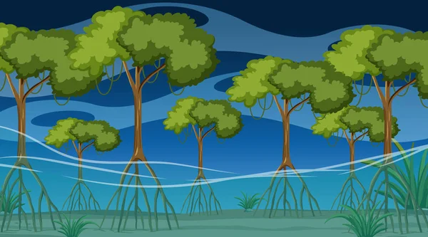 Naturszene Mit Mangrovenwald Bei Nacht Cartoon Stil — Stockvektor