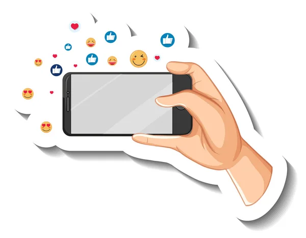 Een Sticker Sjabloon Van Hand Houden Smartphone Met Sociale Emoji — Stockvector