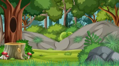 Orman sahnesinde çeşitli orman ağaçları gösterimi