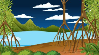 Gece Mangrove Ormanı 'nın doğa sahnesi karikatür stili illüstrasyonunda