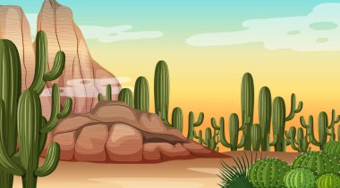 Desert forest landscape at daytime scene with many cactuses illustration clipart