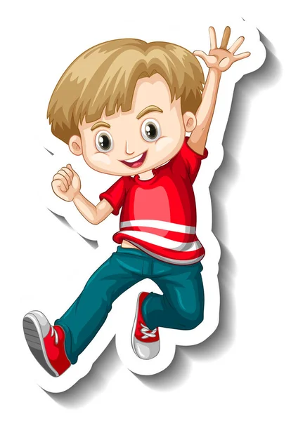 一个贴着红色T恤衫卡通人物插图的男孩的贴纸模板 — 图库矢量图片