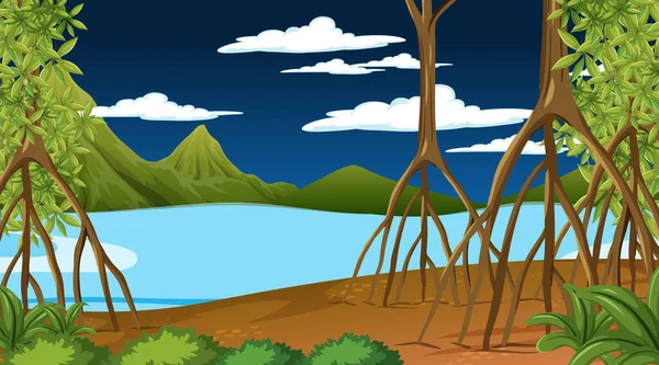 Natura Scena Mangrove Lasu Nocy Stylu Kreskówki Ilustracja — Wektor stockowy