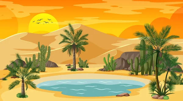 Пейзаж Пустынных Лесов Закате Солнца Иллюстрацией Оазиса — стоковый вектор