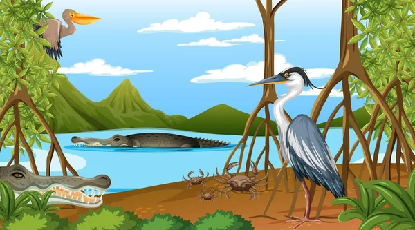昼間の風景図でマングローブ林に住んでいる動物 — ストックベクタ