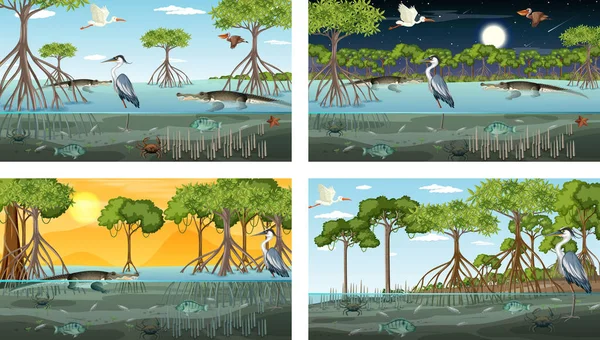 Different mangrove forest landscape scenes with animals illustration