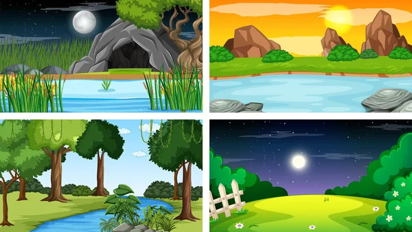 Cuatro Escenarios Diferentes Parque Natural Ilustración Forestal — Vector de stock