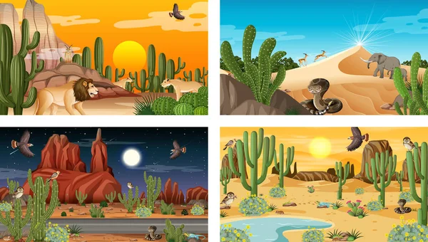 Différentes Scènes Forêt Désertique Avec Des Animaux Des Plantes Illustration — Image vectorielle