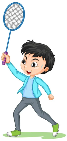 Rapaz Bonito Jogando Badminton Personagem Desenho Animado Ilustração Isolada — Vetor de Stock