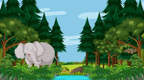Forest Daytime Scene Big Elephant Other Animals Illustration — Stock Vector