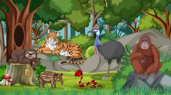 Animales Salvajes Escena Del Bosque Con Muchos Árboles Ilustración — Vector de stock