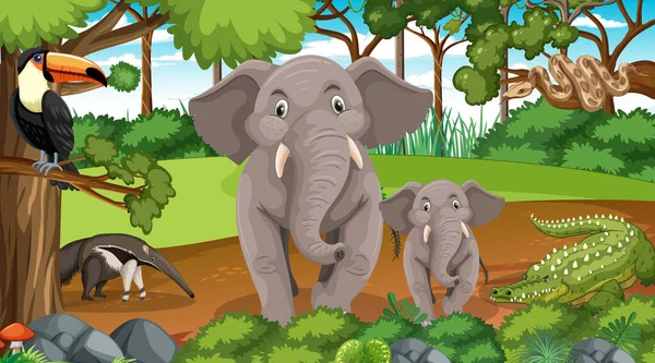 Famille Des Éléphants Avec Autres Animaux Sauvages Dans Illustration Scène — Image vectorielle