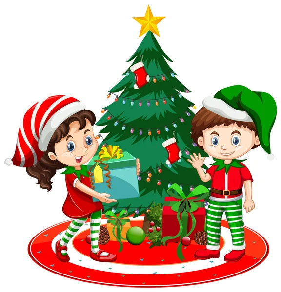 Crianças Usam Traje Natal Personagem Desenho Animado Com Árvore Natal —  Vetores de Stock