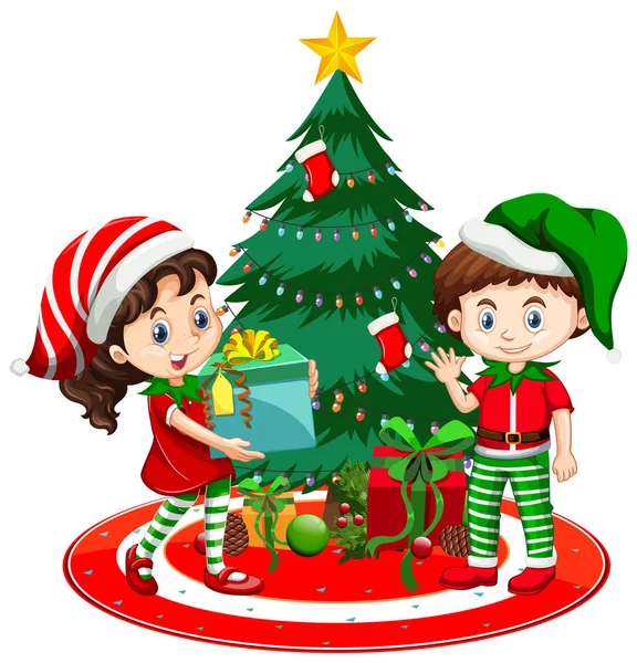 Children Wear Christmas Costume Cartoon Character Christmas Tree White Background — Stock Vector