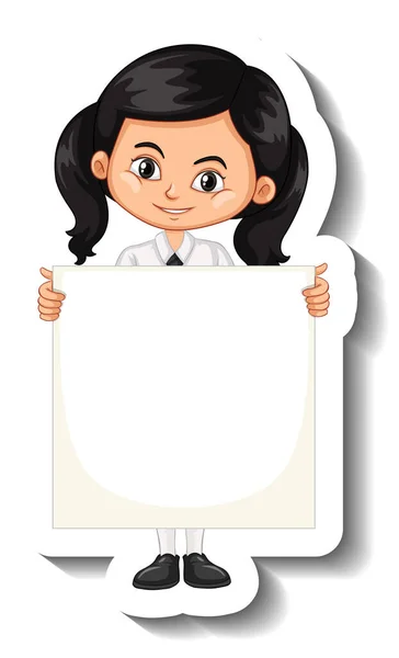 Una Plantilla Pegatina Con Una Chica Estudiante Sosteniendo Ilustración Tablero — Vector de stock