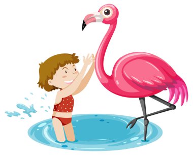 Flamingo ile oynayan bir kız izole edilmiş bir illüstrasyon