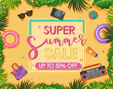 Plaj eşyaları illüstrasyonlu Super Summer metin afişi