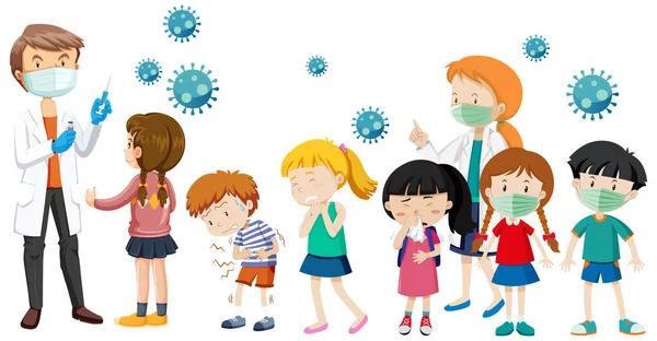 Many Kids Waiting Queue Get Covid Vaccine White Background Illustration — Stock Vector