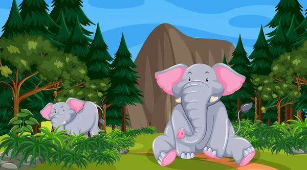 Éléphant Dans Forêt Forêt Tropicale Avec Nombreux Arbres Illustration — Image vectorielle