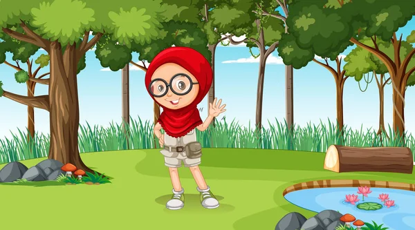Nature Scene Muslim Girl Cartoon Character Exploring Forest Illustration — Stock Vector