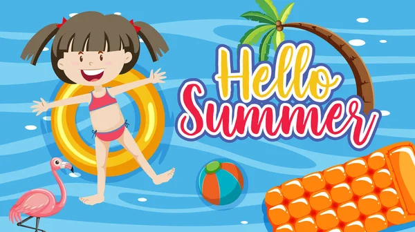 Hello Summer Banner Egy Lány Feküdt Úszás Gyűrű Medencében Illusztráció — Stock Vector