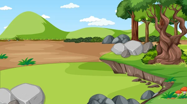 Escena Forestal Con Varios Árboles Forestales Ilustración Montaña — Vector de stock