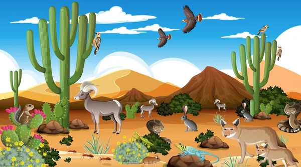 Deserto Paesaggio Forestale Durante Giorno Scena Con Animali Willd Illustrazione — Vettoriale Stock