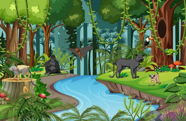 Příroda Scéna Potokem Tekoucím Lesem Divokými Zvířaty Ilustrace — Stockový vektor