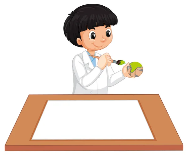 Boy Wearing Scientist Gown Empty Paper Table Illustration — Stock Vector