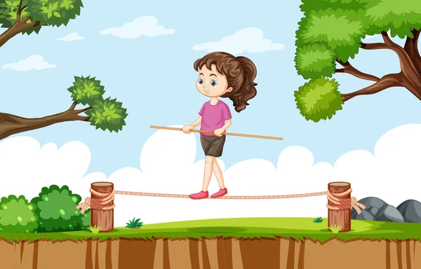 Escena Aire Libre Con Una Chica Balanceándose Ilustración Cuerda — Vector de stock