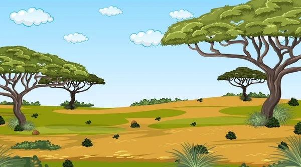 Paisaje Forestal Africano Escena Diurna Con Muchos Árboles Grandes Ilustración — Archivo Imágenes Vectoriales