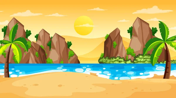 Tropische Strand Landschaft Szene Bei Sonnenuntergang Illustration — Stockvektor