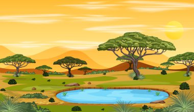 Afrika Savanası orman manzarası günbatımı illüstrasyonunda