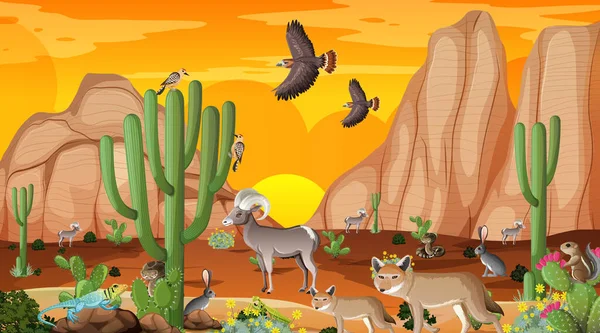 Desert forest landscape at sunset time scene with wild animals illustration