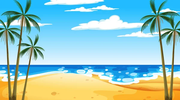 Plaża Dzień Krajobraz Scena Palma Drzewo Ilustracja — Wektor stockowy
