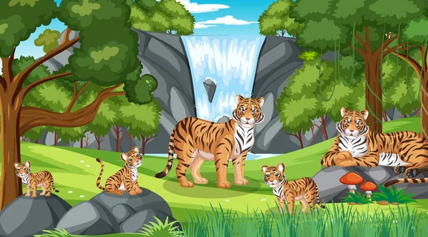 Familia Tigre Escena Del Bosque Con Muchos Árboles Ilustración — Archivo Imágenes Vectoriales