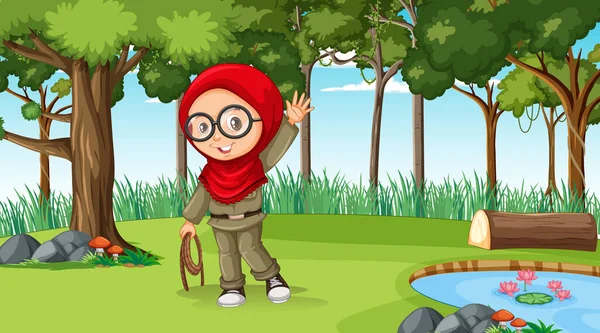 Nature Scene Muslim Girl Cartoon Character Exploring Forest Illustration — Stock Vector