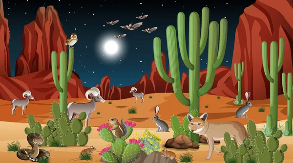 Krajobraz Lasu Pustynnego Nocy Sceny Dzikimi Zwierzętami Ilustracja — Wektor stockowy