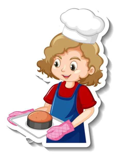 Sticker Ontwerp Met Bakker Meisje Houden Gebakken Lade Illustratie — Stockvector