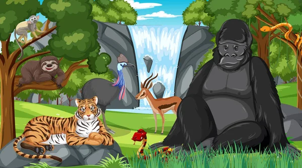 Gorila Con Otros Animales Salvajes Bosque Selva Tropical Escena Ilustración — Vector de stock