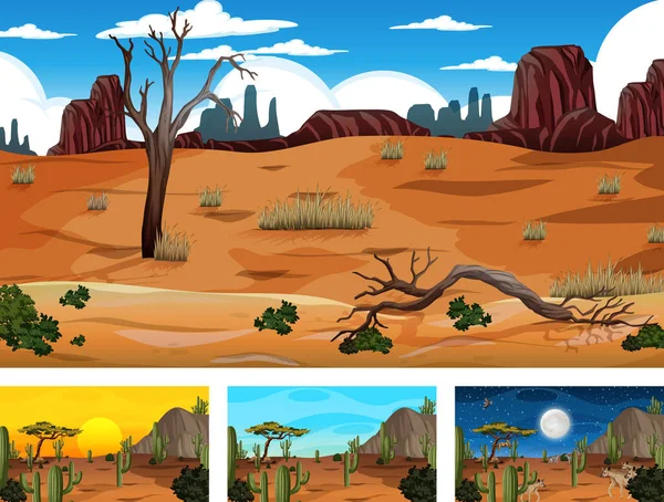 Cenas Diferentes Com Ilustração Paisagem Floresta Deserto — Vetor de Stock