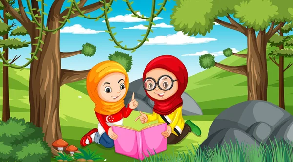 Muslimské Děti Nosí Tradiční Oblečení Čtení Knihy Lesní Scéně Ilustrace — Stockový vektor
