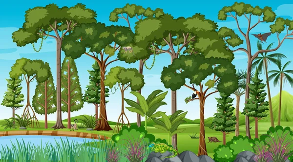 Сцена Тропических Лесов Различными Иллюстрациями Диких Животных — стоковый вектор